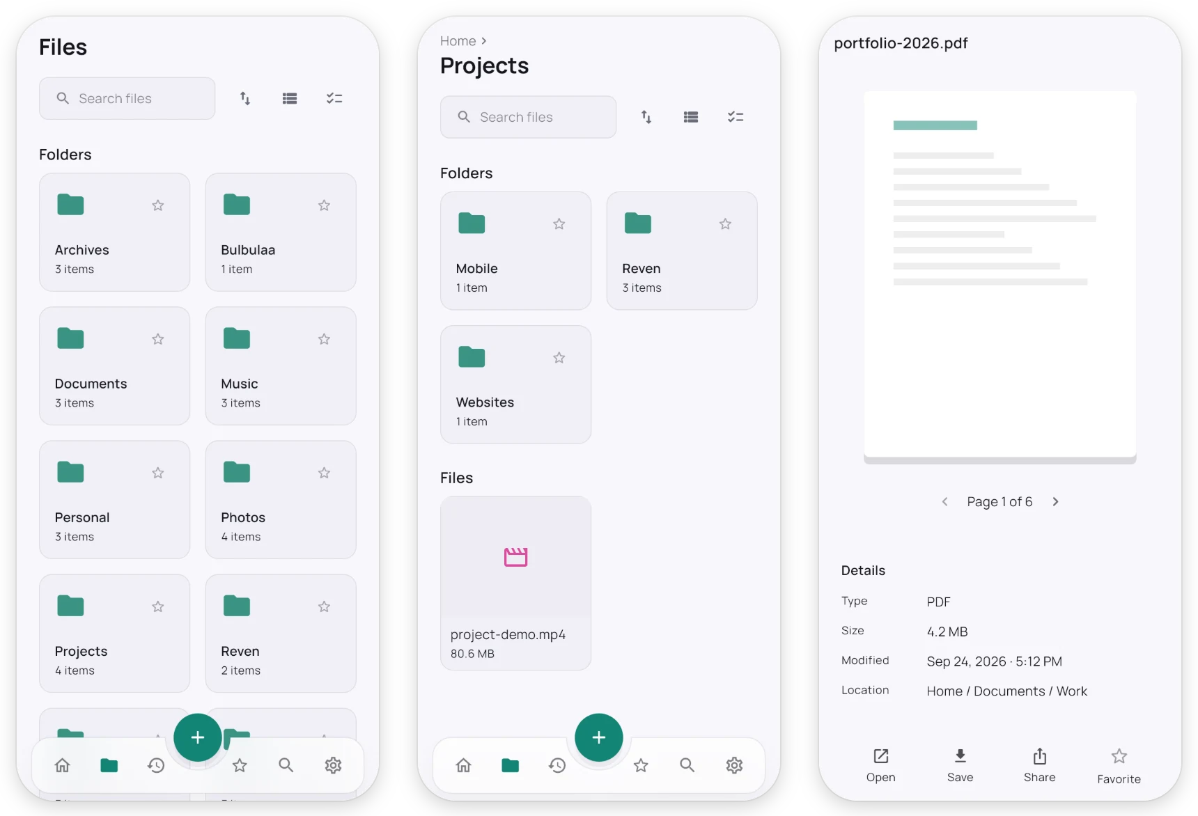 MyDrive screens: all folders, a project folder, and a PDF preview
