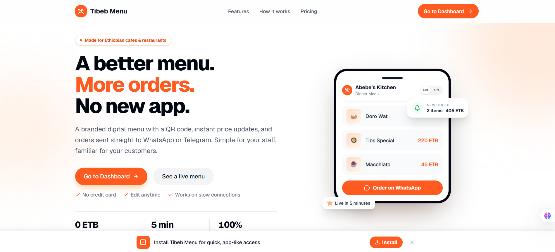 Tibeb Menu product screenshot — QR code digital menu dashboard