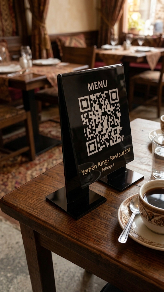 Printed table-top QR code menu stand for Yemen King Arabic Restaurant